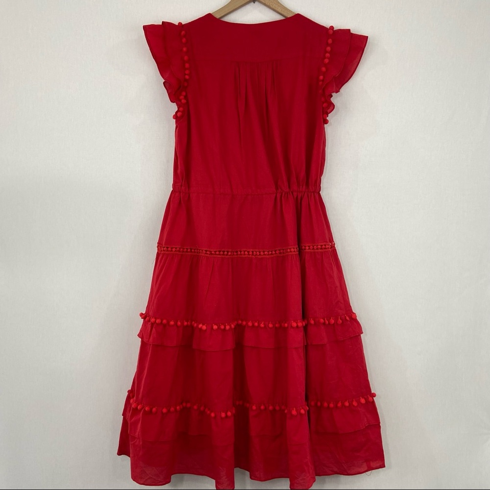 Boutique Large Red Tiered Pom Pom Ruffle Midi Dress - Picture 4 of 12